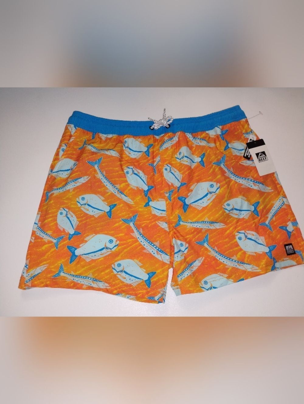 Reef Men's Orange Swim Trunks with Blue Fish Print New Size L